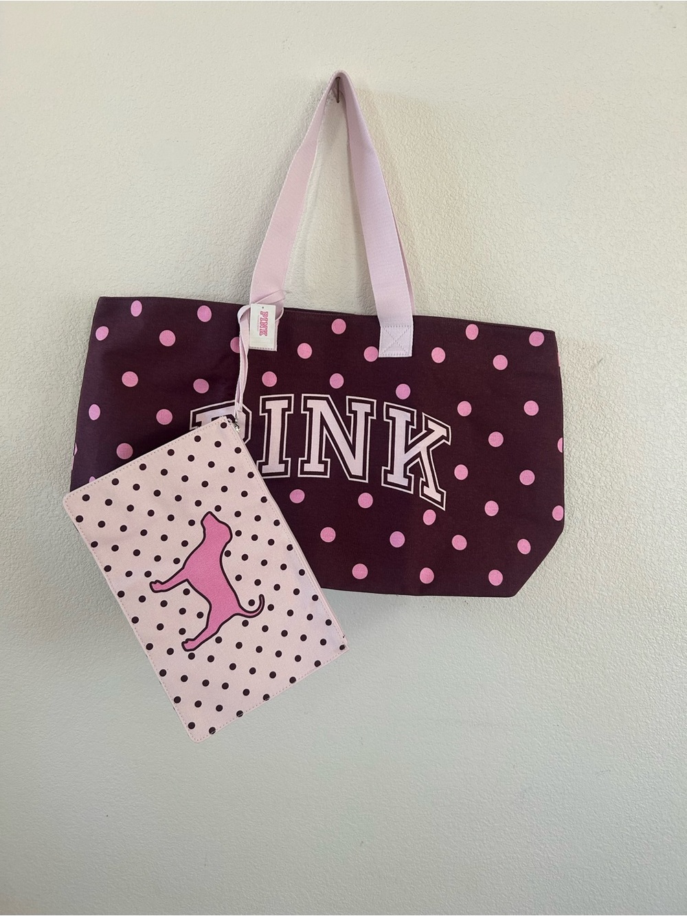 PINK Victoria's Secret Plum Tote with Pink Polka Dots and Matching Wristlet